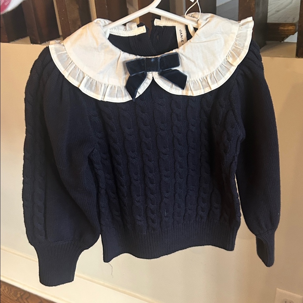 Janie and Jack Navy Sweater with White Ruffled Collar